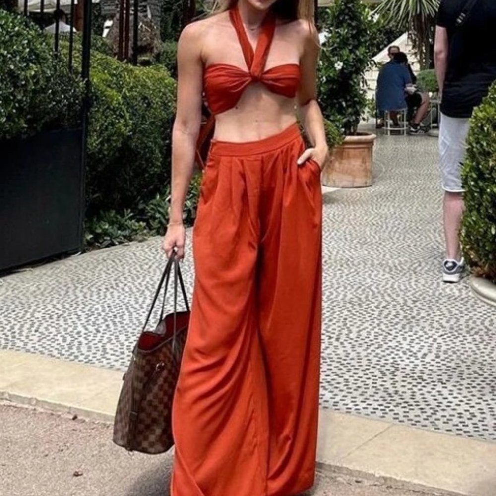 Boho 2 Piece Tie Front Tube Top & Pleated Wide Leg Pants Set  burnt orange - Picture 12 of 12